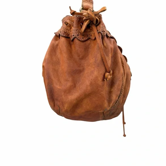 Lucky Brand Distressed Lamb Leather Hobo Bag Brown Boho Scallop Trim Fringe Vntg - Picture 3 of 16
